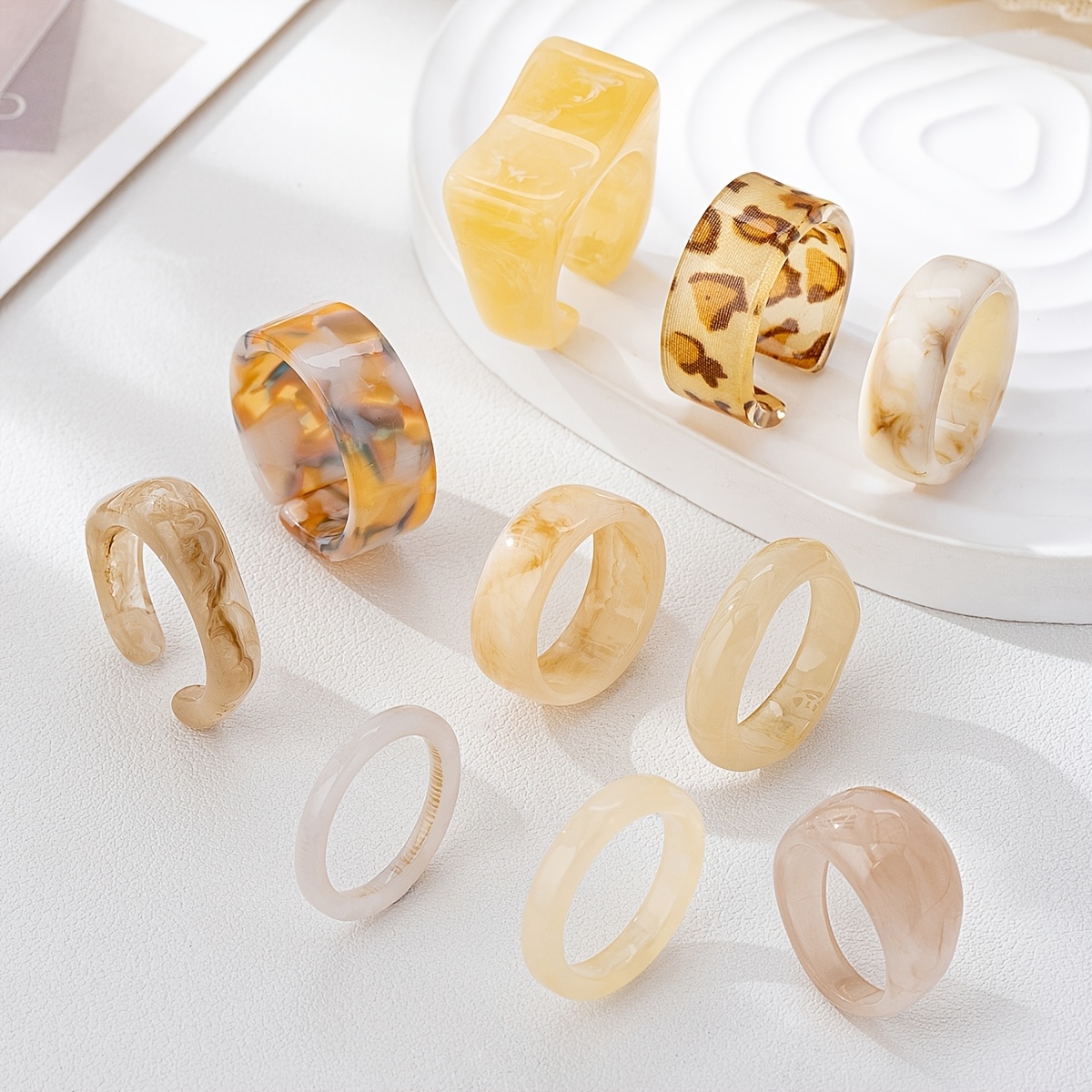 10pc Bohemian Style Fresh Pastel Resin Ring Set